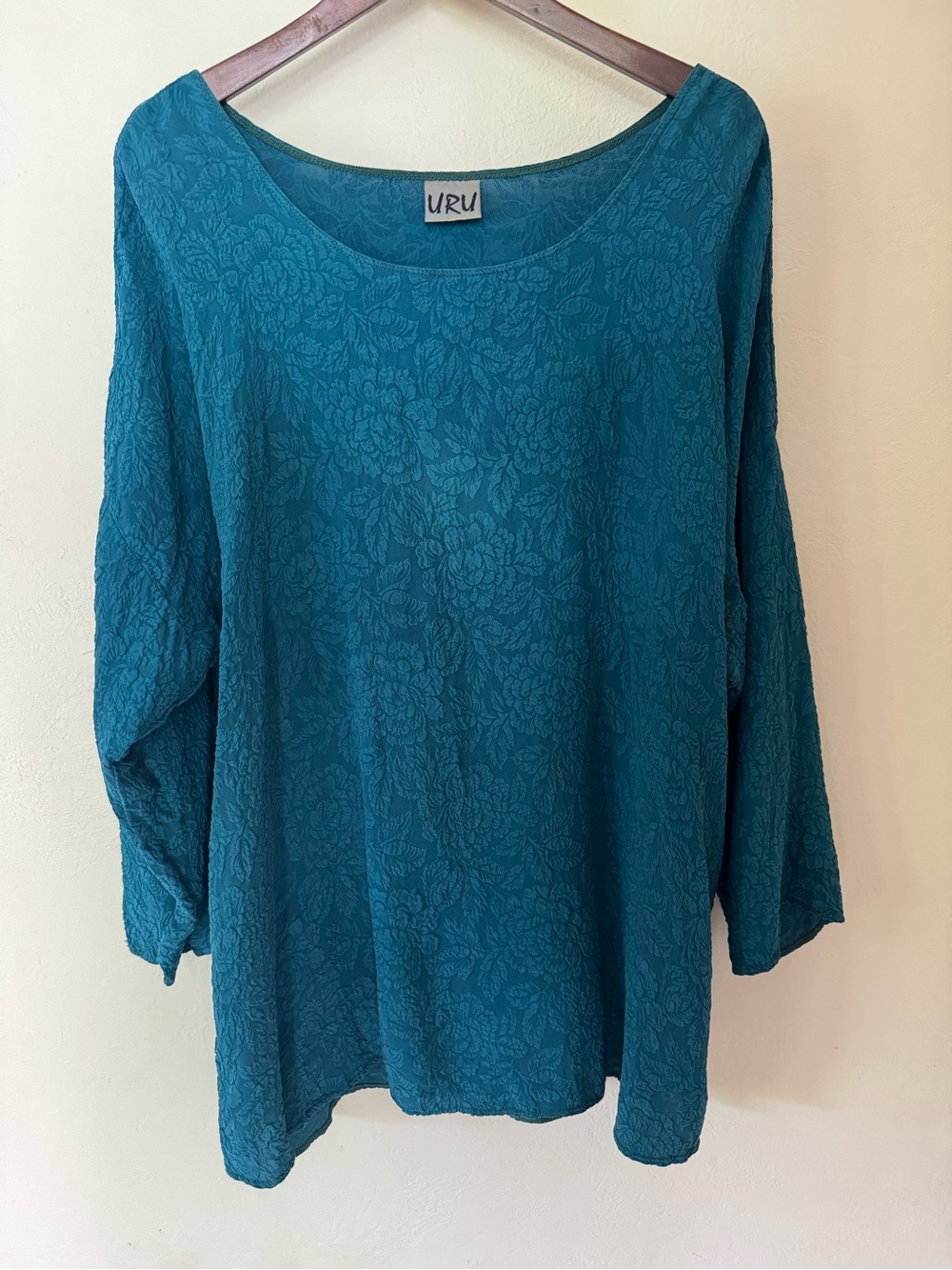 URU 100% Silk Floral Jacquard Blouse One Size Teal Lagenlook USA